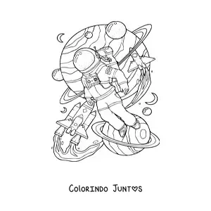 Desenho para colorir de um astronauta junto a planetas no espaço
