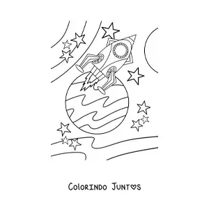 Desenho para colorir de um foguete espacial perto de um planeta