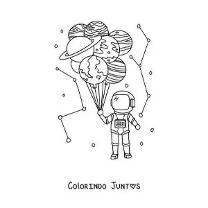 Desenho para colorir de um astronauta segurando balões de planetas