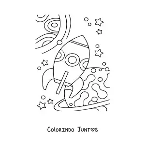 Desenho para colorir de vários planetas e um foguete espacial