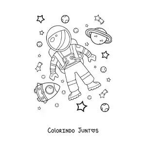 Desenho para colorir de um astronauta no espaço com planetas e estrelas