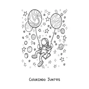 Desenho para colorir de um astronauta flutuando no espaço com balões de planetas