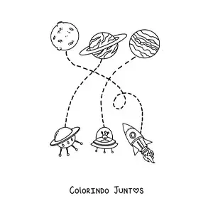 Desenho para colorir de três planetas e três naves espaciais
