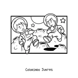 Desenho para colorir de dois astronautas na Lua