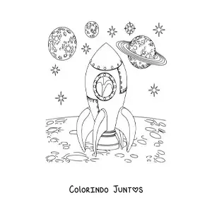 Desenho para colorir de um foguete na Lua
