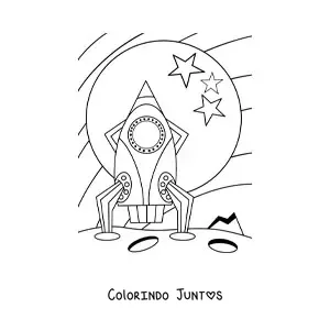 Desenho para colorir de um foguete na Lua com estrelas
