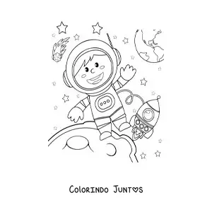 Desenho para colorir de um astronauta flutuando no espaco com a Lua e varias estrelas