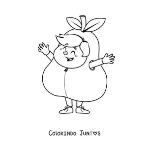 Desenho para colorir de um menino sorridente fantasiado de pera