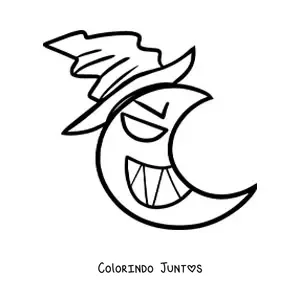 Desenho para colorir de uma Lua animada com chapeu de bruxa