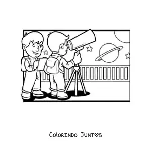 Desenho para colorir de duas criancas com um telescopio