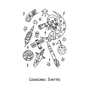 Desenho para colorir de um astronauta com um telescopio no espaco