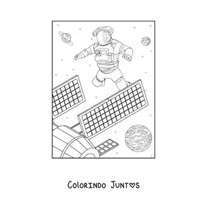 Desenho para colorir de um astronauta e um satelite no espaco