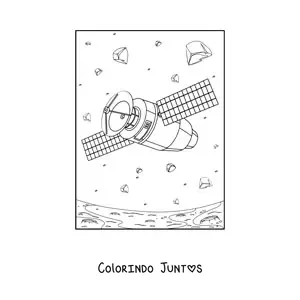 Desenho para colorir de um satelite entre asteroides