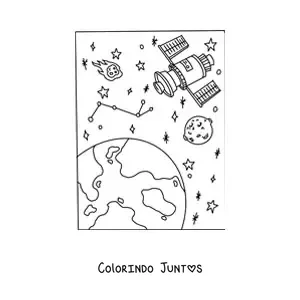 Desenho para colorir de um satelite junto a varias estrelas