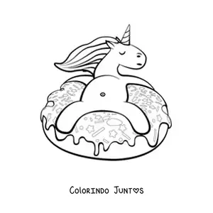 Desenho para colorir de um unicórnio animado sentado sobre uma rosquinha