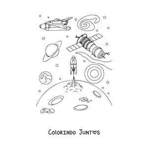 Desenho para colorir de um satelite junto a naves espaciais