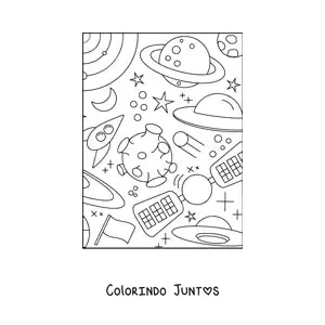 Desenho para colorir de um satelite artificial e varios corpos celestes
