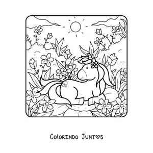 Desenho para colorir de um unicornio kawaii na primavera