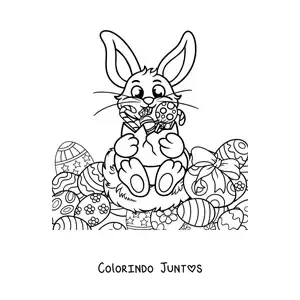 Desenho para colorir de um coelho com varios ovos de Pascoa