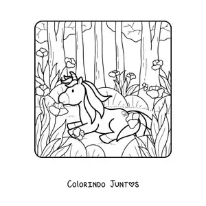 Desenho para colorir de um unicornio animado em floresta de primavera
