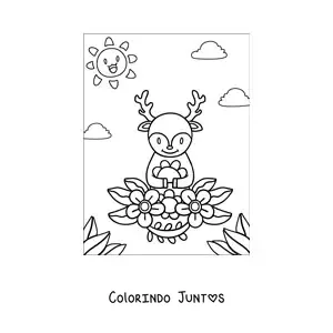 Desenho para colorir de um cervo kawaii na primavera