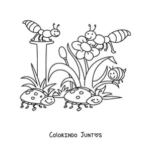 Desenho para colorir de varios insetos e flores de primavera