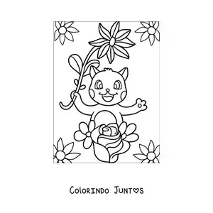 Desenho para colorir de um gato animado com flores de primavera