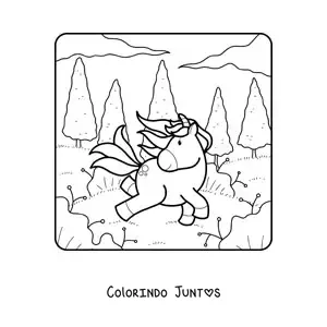 Desenho para colorir de um unicórnio animado na floresta
