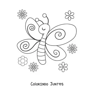 Desenho para colorir de uma borboleta com flores de primavera