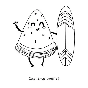 Desenho para colorir de uma melancia animada surfista acenando