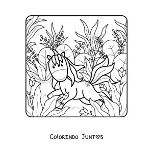 Desenho para colorir de um unicórnio animado no campo