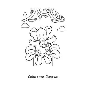 Desenho para colorir de um elefante animado com uma flor de primavera