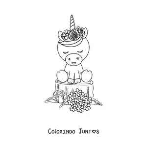 Desenho para colorir de um unicornio kawaii com flores de primavera