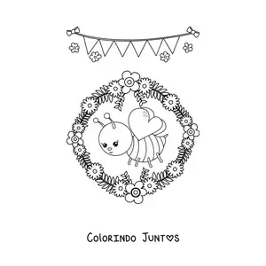 Desenho para colorir de uma abelha kawaii com um arco de flores de primavera