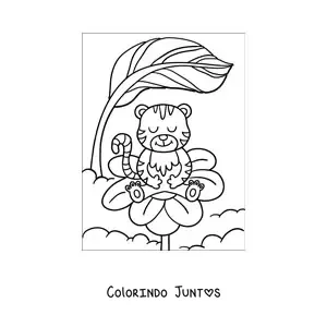 Desenho para colorir de um tigre animado sobre uma flor de primavera