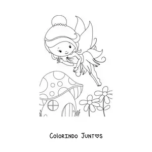 Desenho para colorir de uma fada kawaii voando perto de uma casa com flores