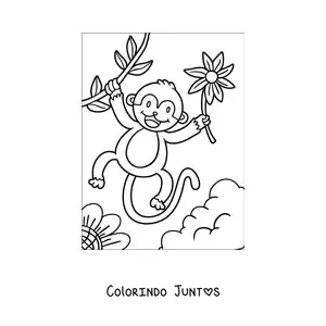 Desenho para colorir de um macaco animado com flores na primavera