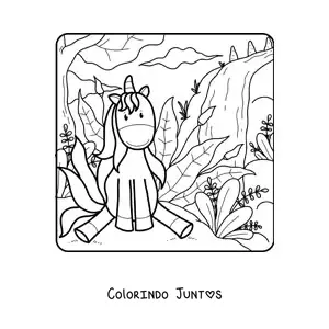 Desenho para colorir de um unicornio animado sentado em um campo com clima de primavera