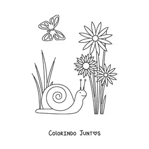 Desenho para colorir de um caracol e varias flores na primavera