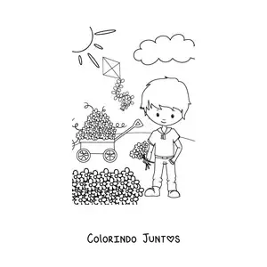 Desenho para colorir de um menino na primavera junto a um canteiro de flores