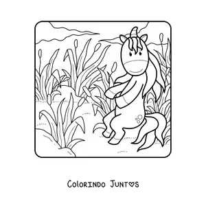 Desenho para colorir de um unicornio no campo na primavera