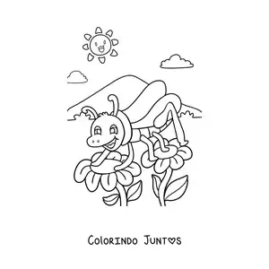 Desenho para colorir de um grilo animado posando entre duas flores em um clima primaveril