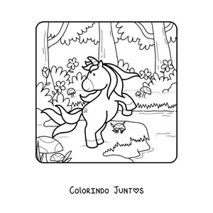 Desenho para colorir de um unicornio na primavera na floresta