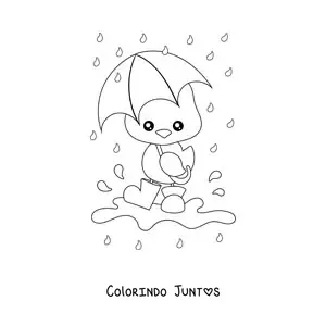 Desenho para colorir de um pintinho kawaii sob a chuva de primavera