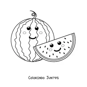 Desenho para colorir de uma melancia kawaii sorridente junto a meia melancia kawaii