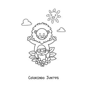 Desenho para colorir de um leao animado com flores de primavera