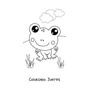 Desenho para colorir de um sapo kawaii sorridente em um clima de primavera