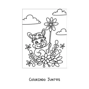 Desenho para colorir de um coelho animado segurando varias flores
