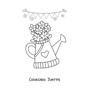Desenho para colorir de um regador de jardim com flores de primavera