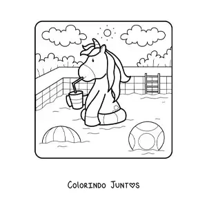 Desenho para colorir de um unicornio animado em uma piscina de verao